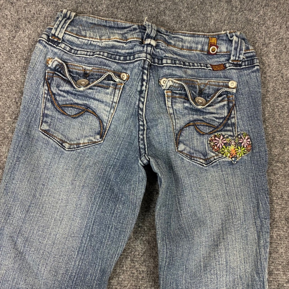 Jordache Y2K Low Rise Flare Jeans Medium Wash Floral Heart Patch Womens Size 5